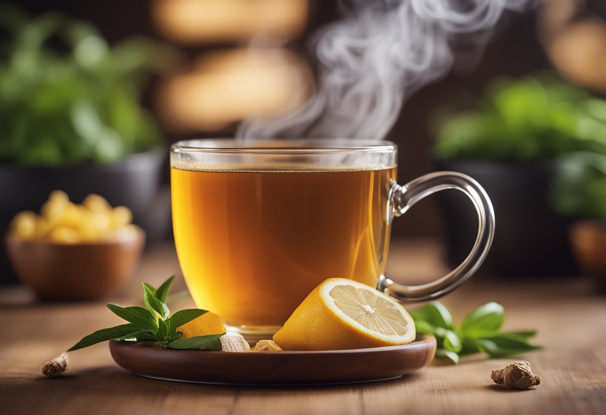 A steaming cup of detox tea surrounded by vibrant, fresh ingredients like ginger, turmeric, and lemon, evoking a sense of rejuvenation and wellness