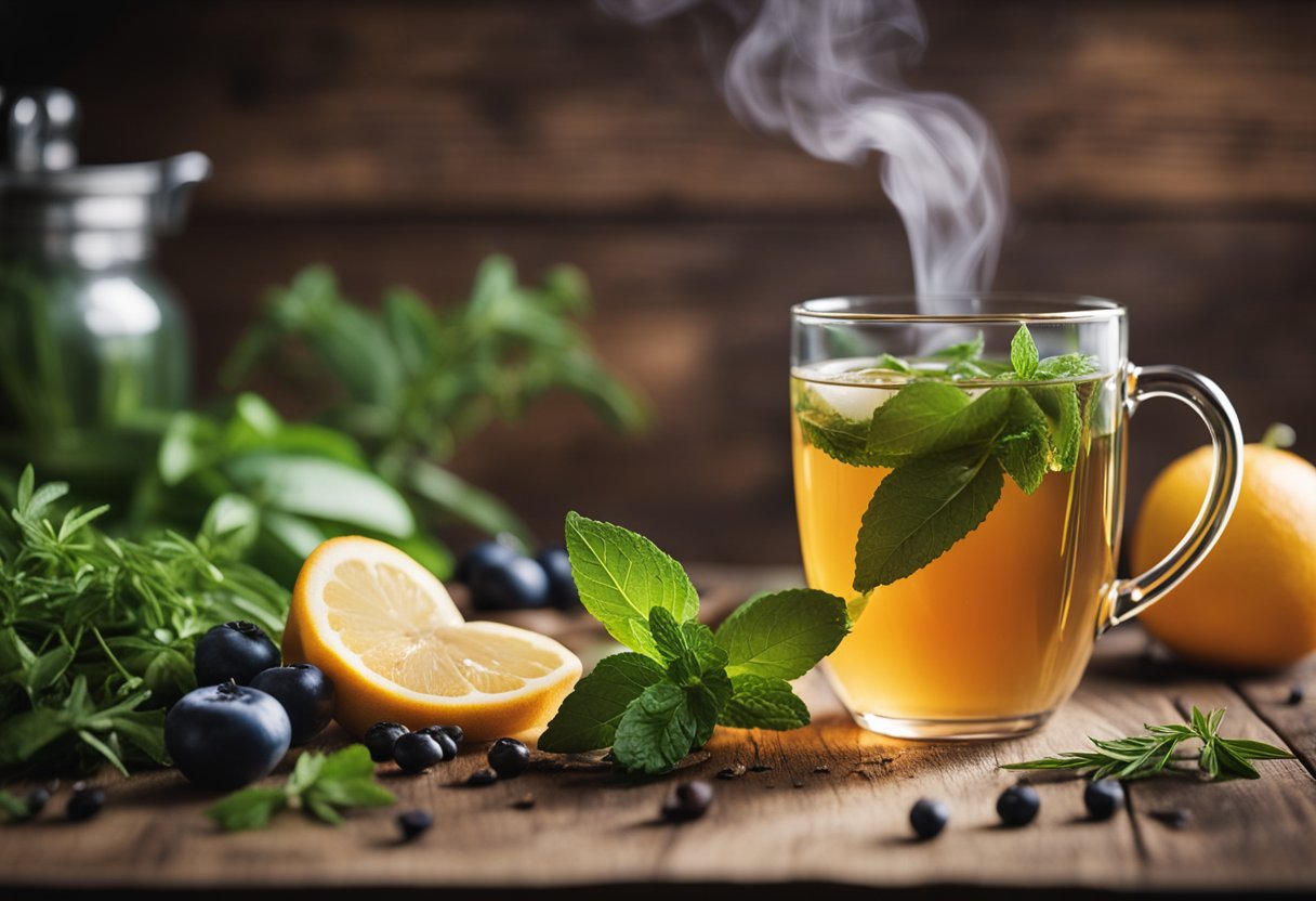 A steaming cup of cleanse detox tea surrounded by fresh herbs and fruit slices on a wooden table