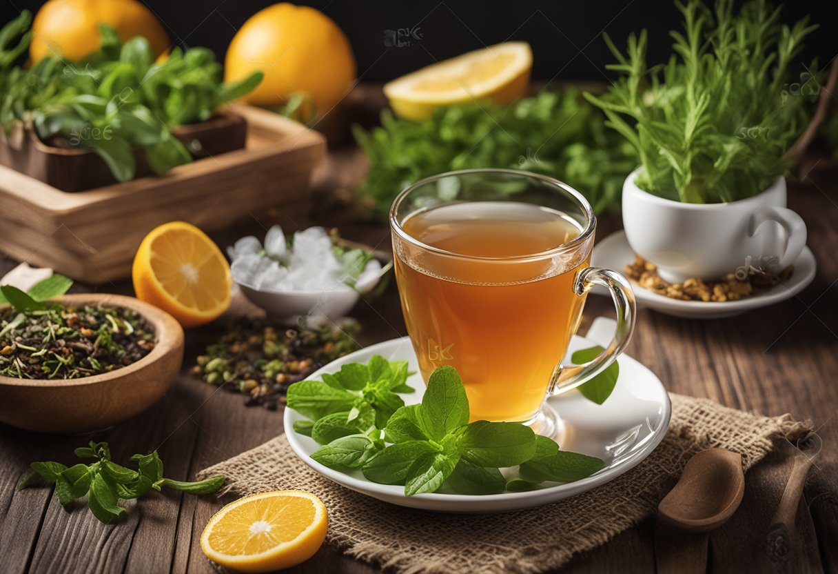 A table with a steaming cup of detox tea, surrounded by fresh herbs and fruits, with the packaging prominently displayed next to it