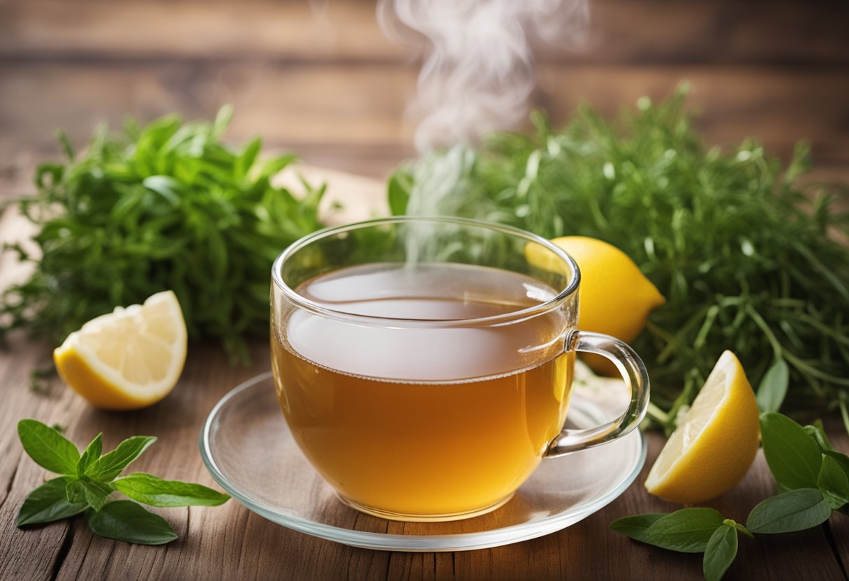 A steaming cup of cleanse detox tea sits on a wooden table, surrounded by fresh herbs and a slice of lemon