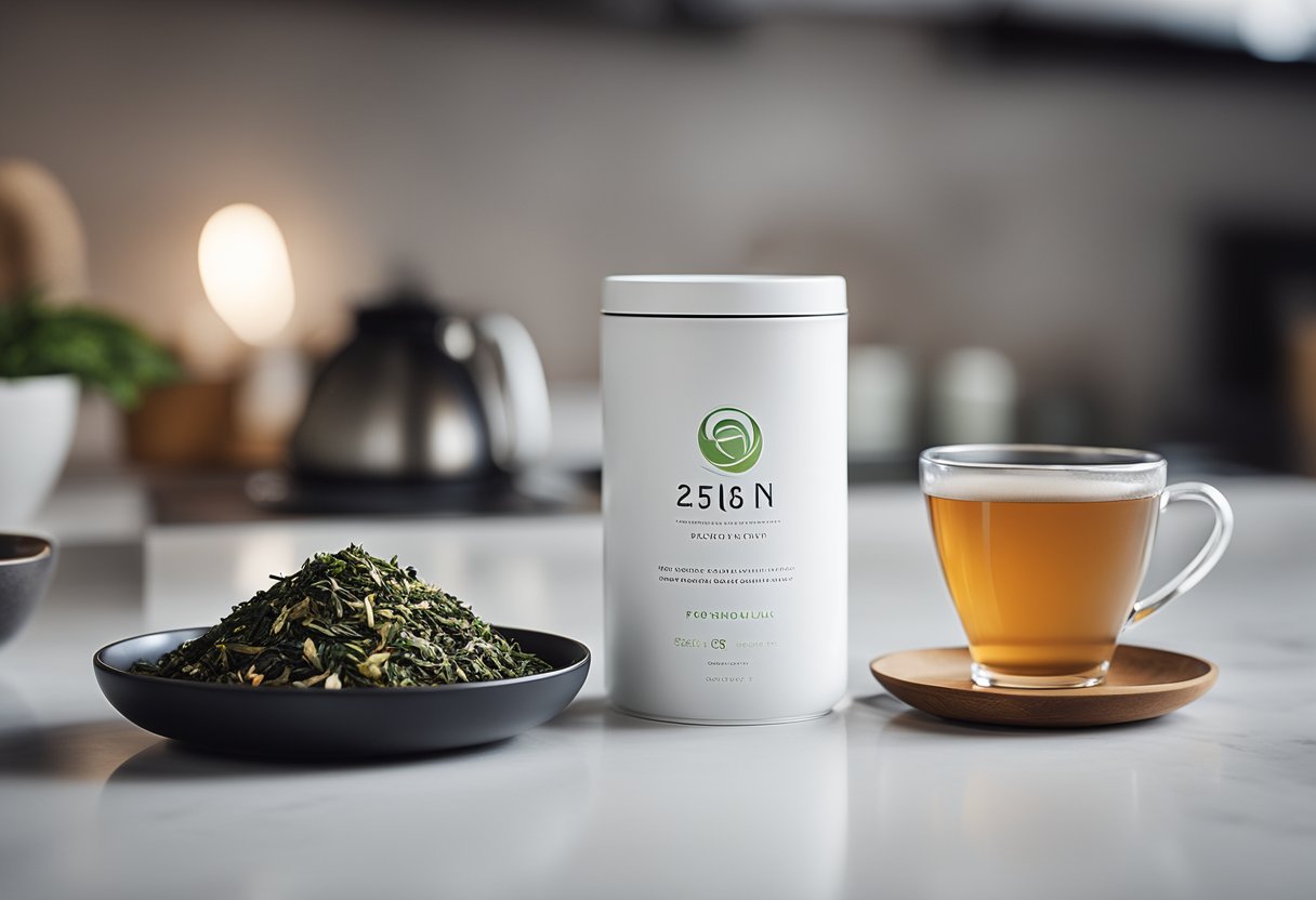 A clean and modern kitchen counter with a sleek, minimalist detox tea packaging displayed next to a steaming cup of tea