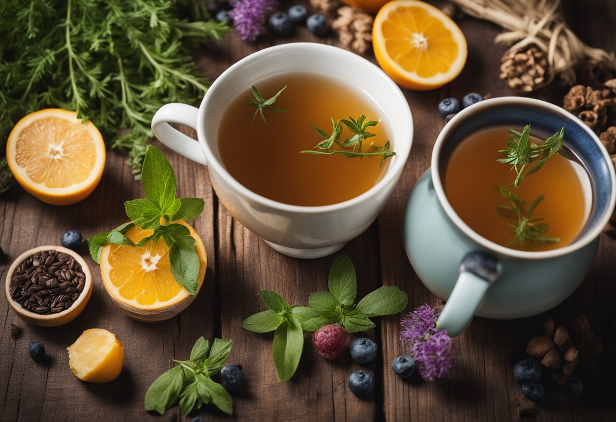 A steaming cup of cleanse detox tea surrounded by fresh herbs and fruits on a wooden table