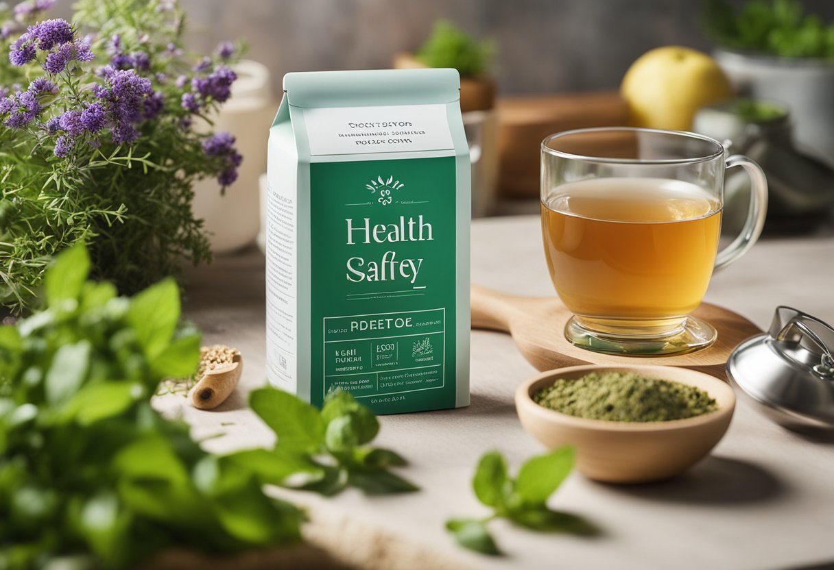 A clean and modern detox tea packaging with prominent "Health and Safety Compliance" label, surrounded by fresh ingredients like herbs and fruits