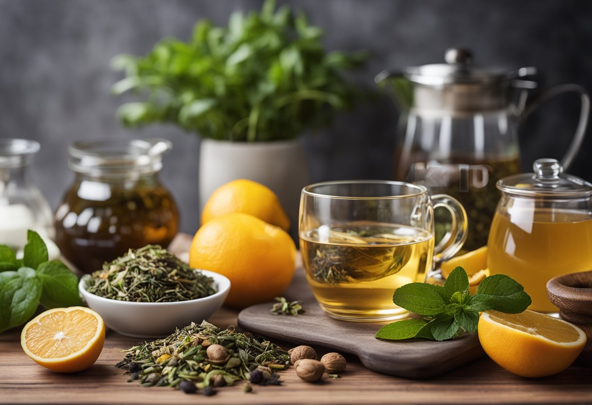 A table set with various herbal teas, fruits, and detox ingredients. A scale and measuring tape nearby. Bright, natural lighting