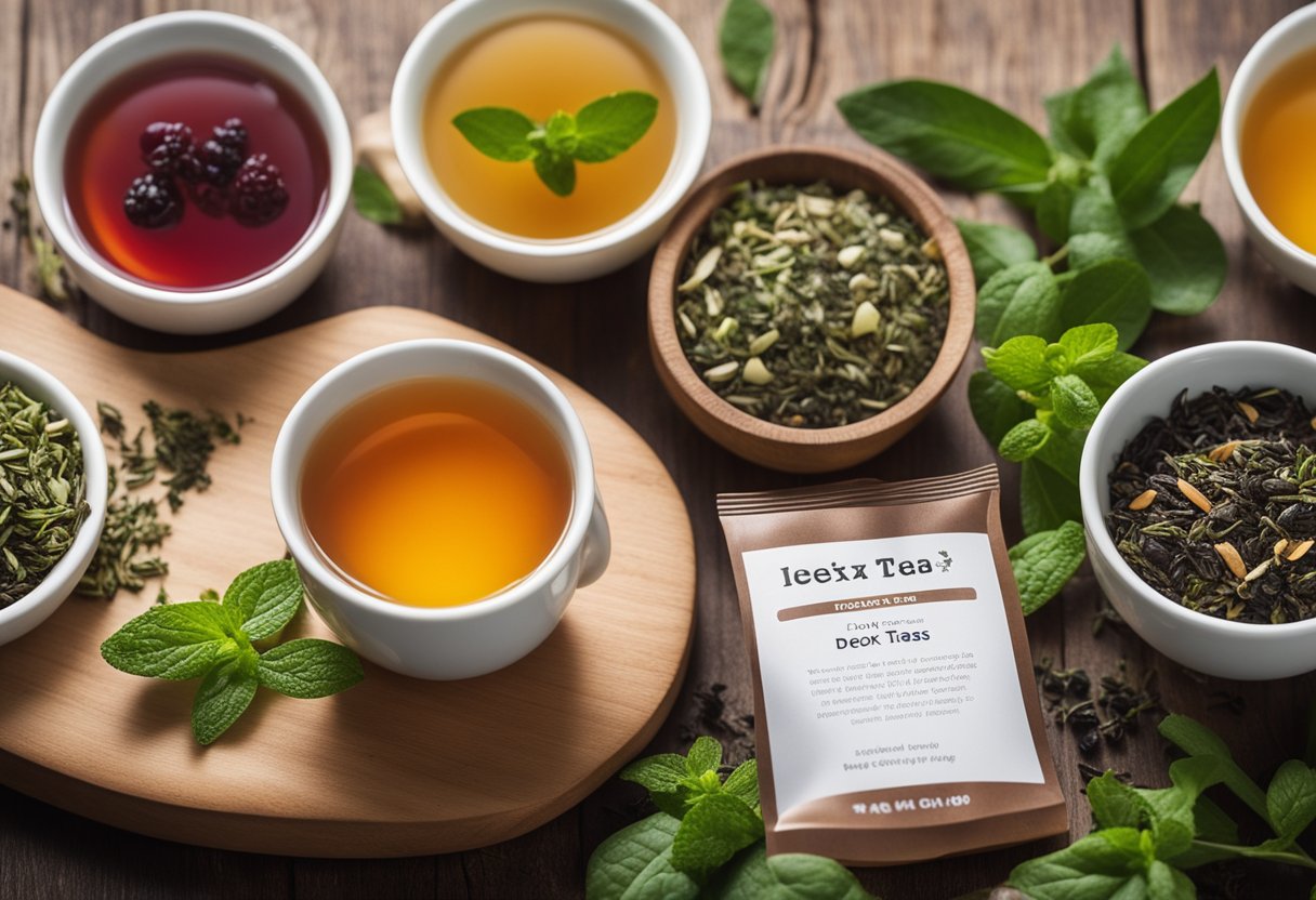 A variety of detox teas displayed on a wooden table with fresh herbs and fruits in the background. The teas are arranged neatly with colorful packaging and enticing labels