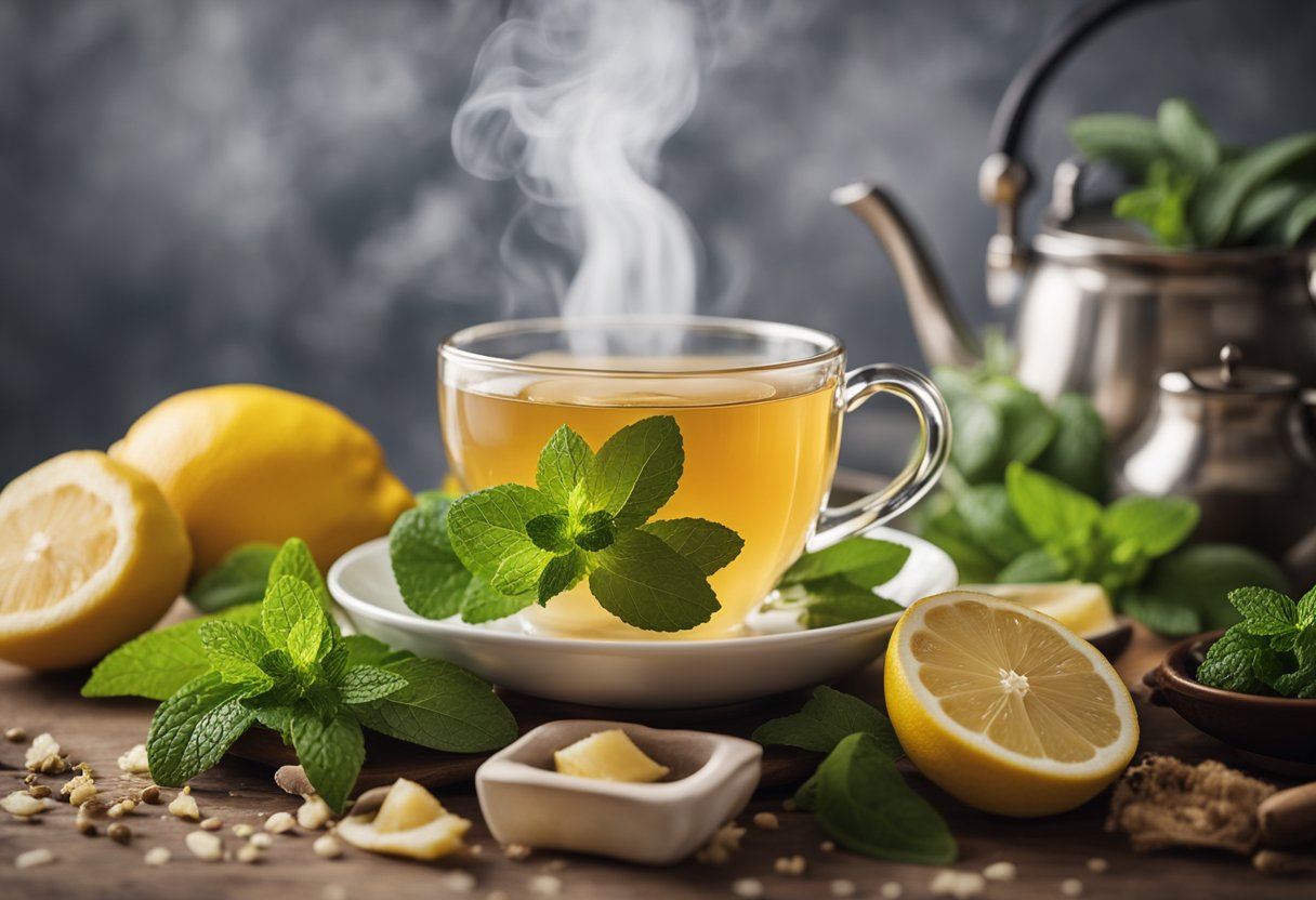 A steaming cup of herbal tea surrounded by fresh ingredients like lemons, ginger, and mint, with a gentle steam rising from the cup