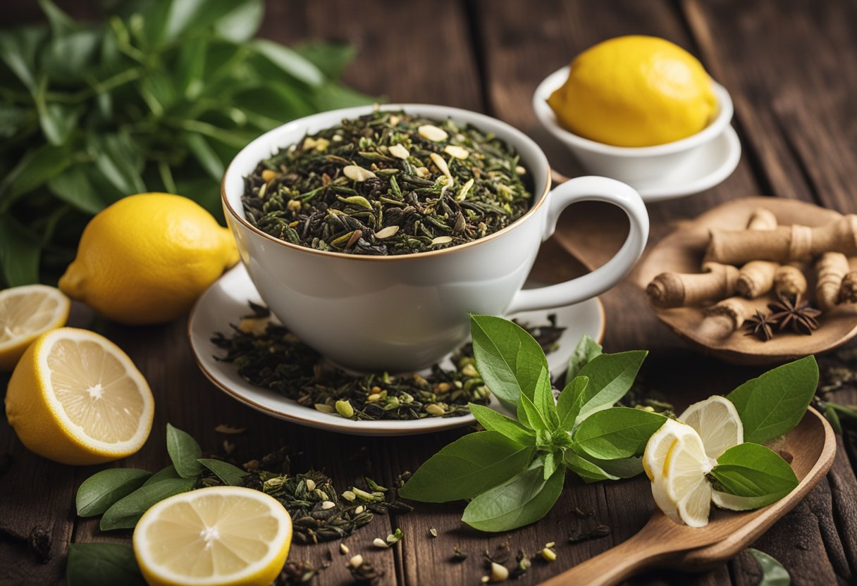 Various tea leaves and herbs arranged on a rustic wooden table, with a steaming cup of tea surrounded by fresh ingredients like lemons and ginger