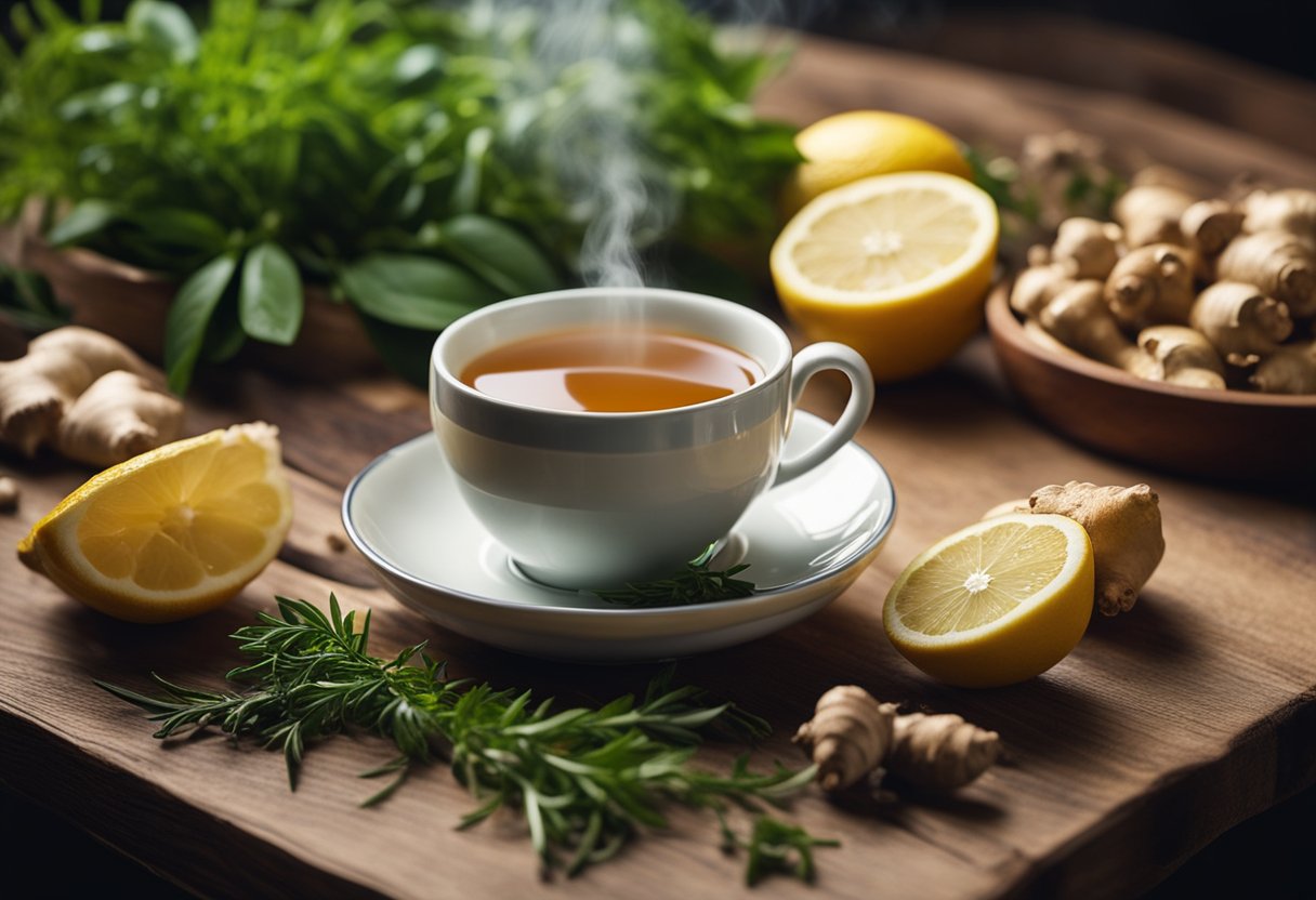 A steaming cup of herbal tea sits on a wooden table, surrounded by fresh ingredients like ginger, lemon, and herbs. A gentle steam rises from the cup, creating a soothing and detoxifying atmosphere