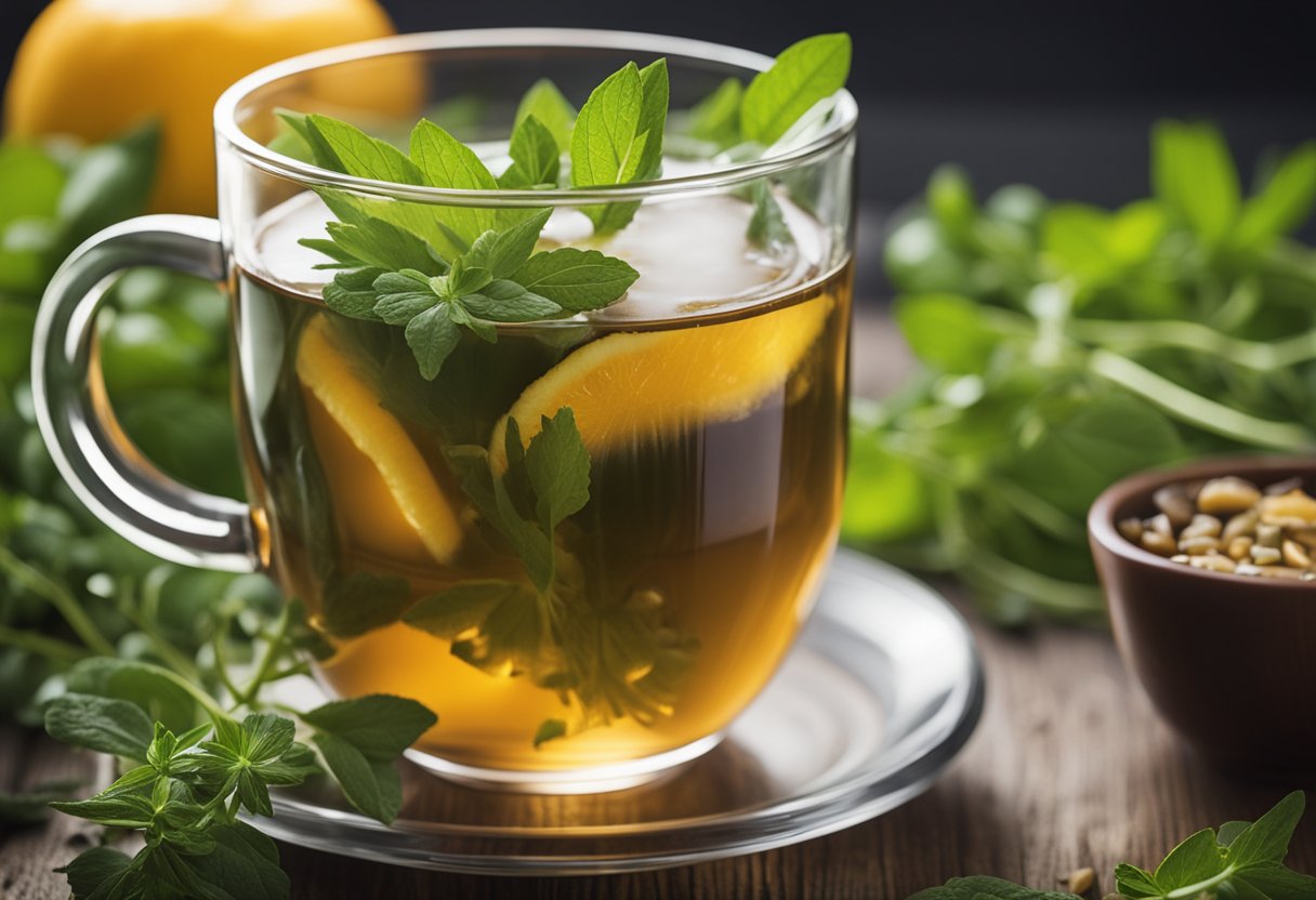 A steaming cup of detox tea surrounded by fresh herbs and fruits, with a serene and peaceful ambiance