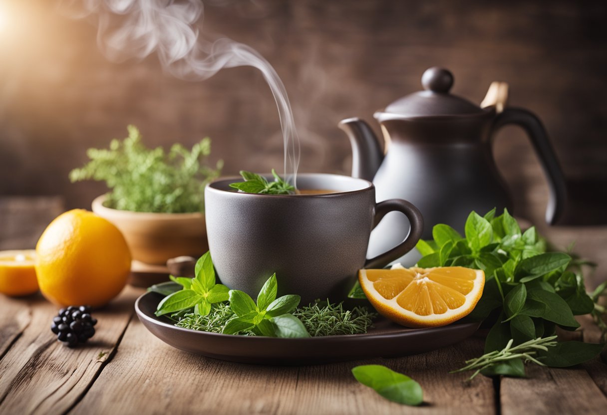 A steaming cup of detox tea sits on a wooden table surrounded by fresh herbs and fruits