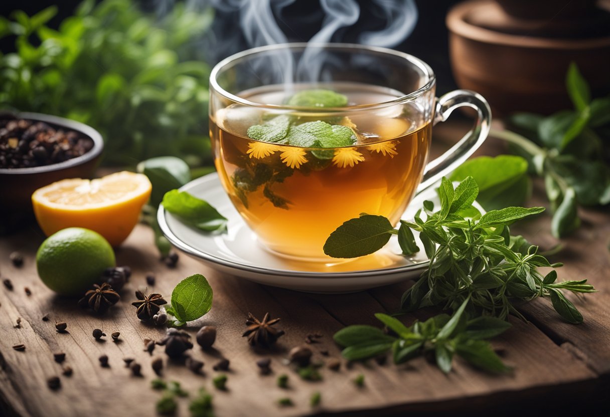 A steaming cup of detox tea sits on a wooden table, surrounded by fresh herbs and fruits. A gentle wisp of steam rises from the cup, creating a warm and inviting atmosphere