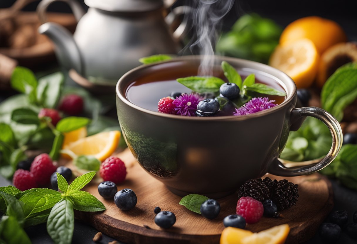 A steaming cup of detox tea surrounded by colorful herbs and fruits, with a gentle wisp of steam rising from the cup