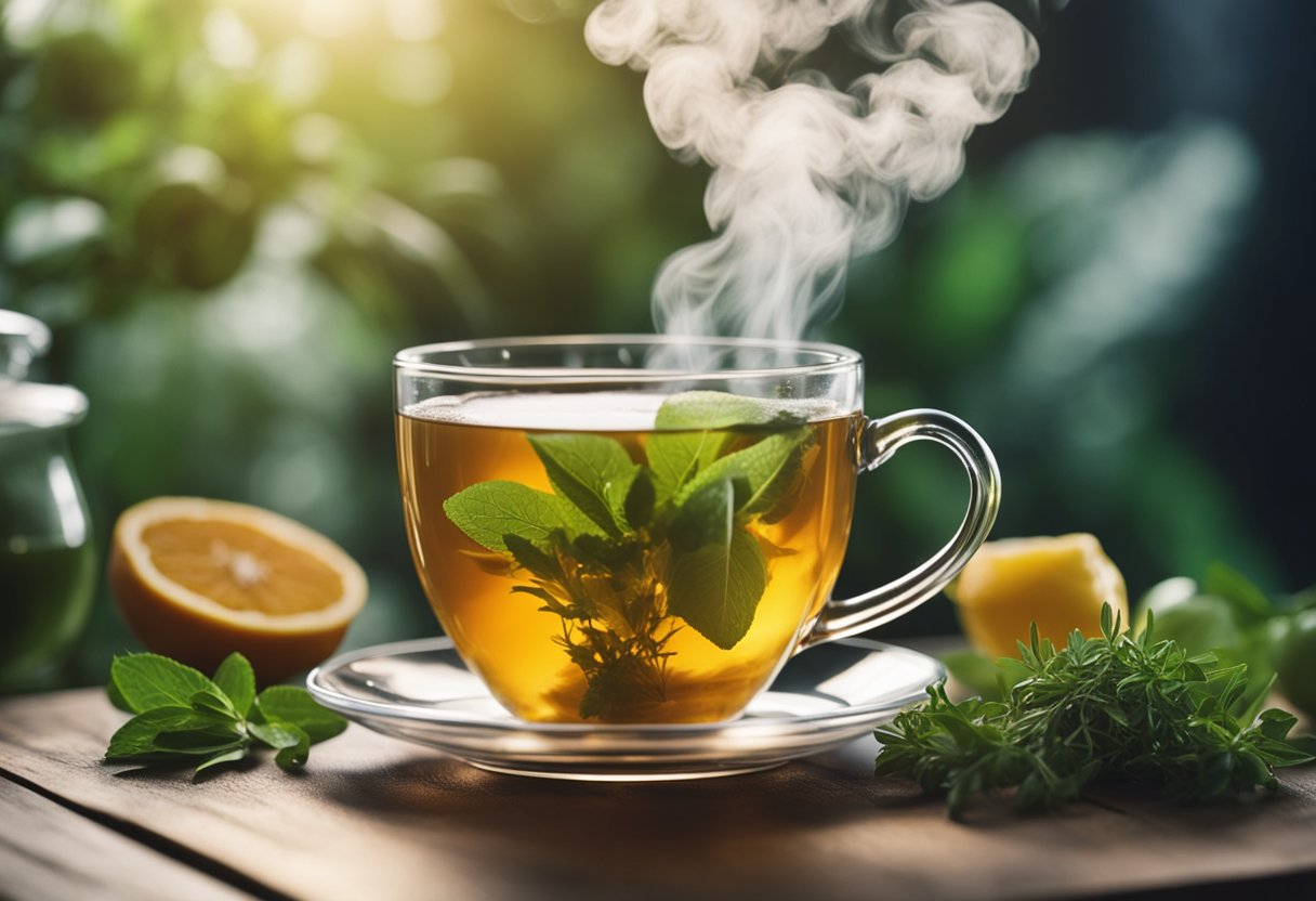 A steaming cup of detoxifying tea surrounded by fresh herbs and fruits, with a gentle wisp of steam rising from the surface