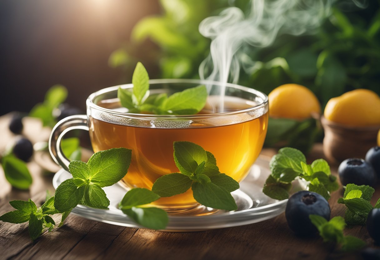 A steaming cup of detoxifying tea surrounded by fresh herbs and fruits, with a gentle wisp of steam rising from the surface