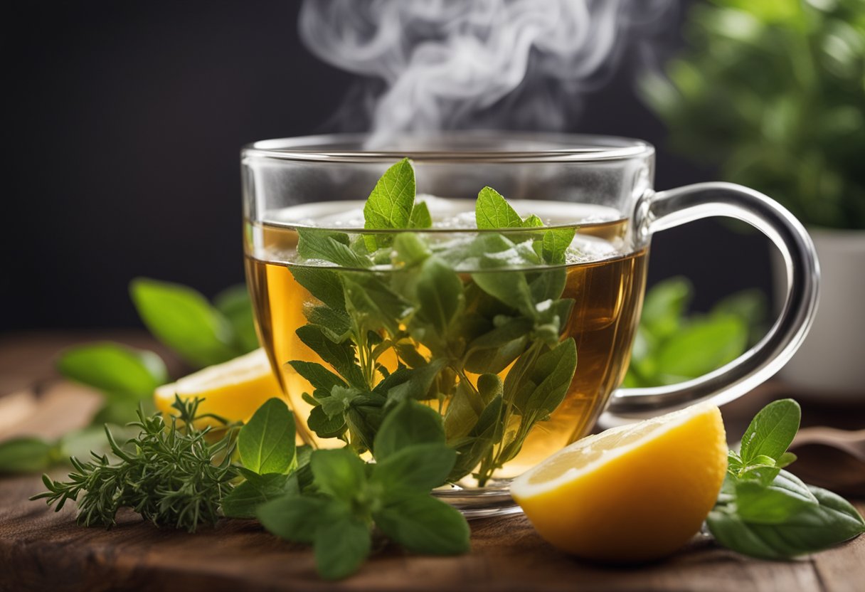 A steaming cup of detoxifying tea surrounded by fresh herbs and fruits, with a gentle wisp of steam rising from the surface