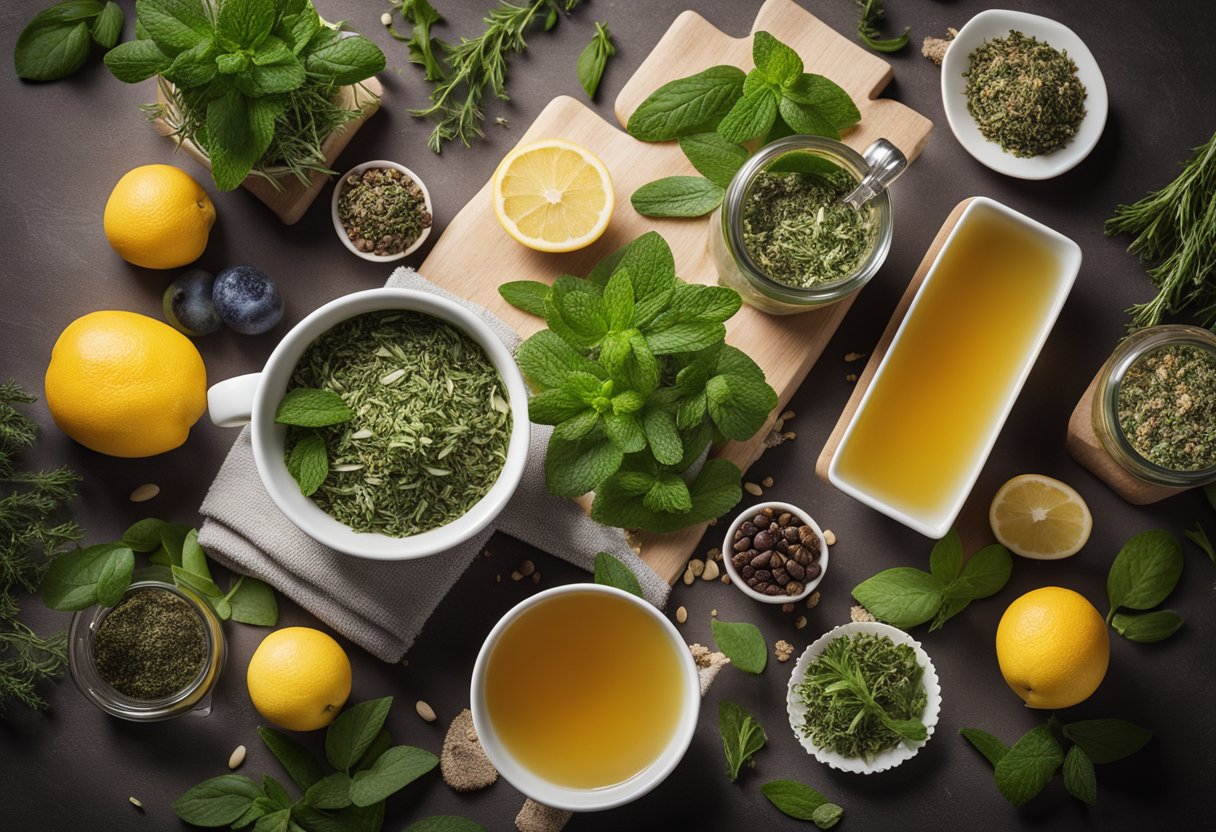 A table with various detox cleanse teas, surrounded by fresh herbs and fruit