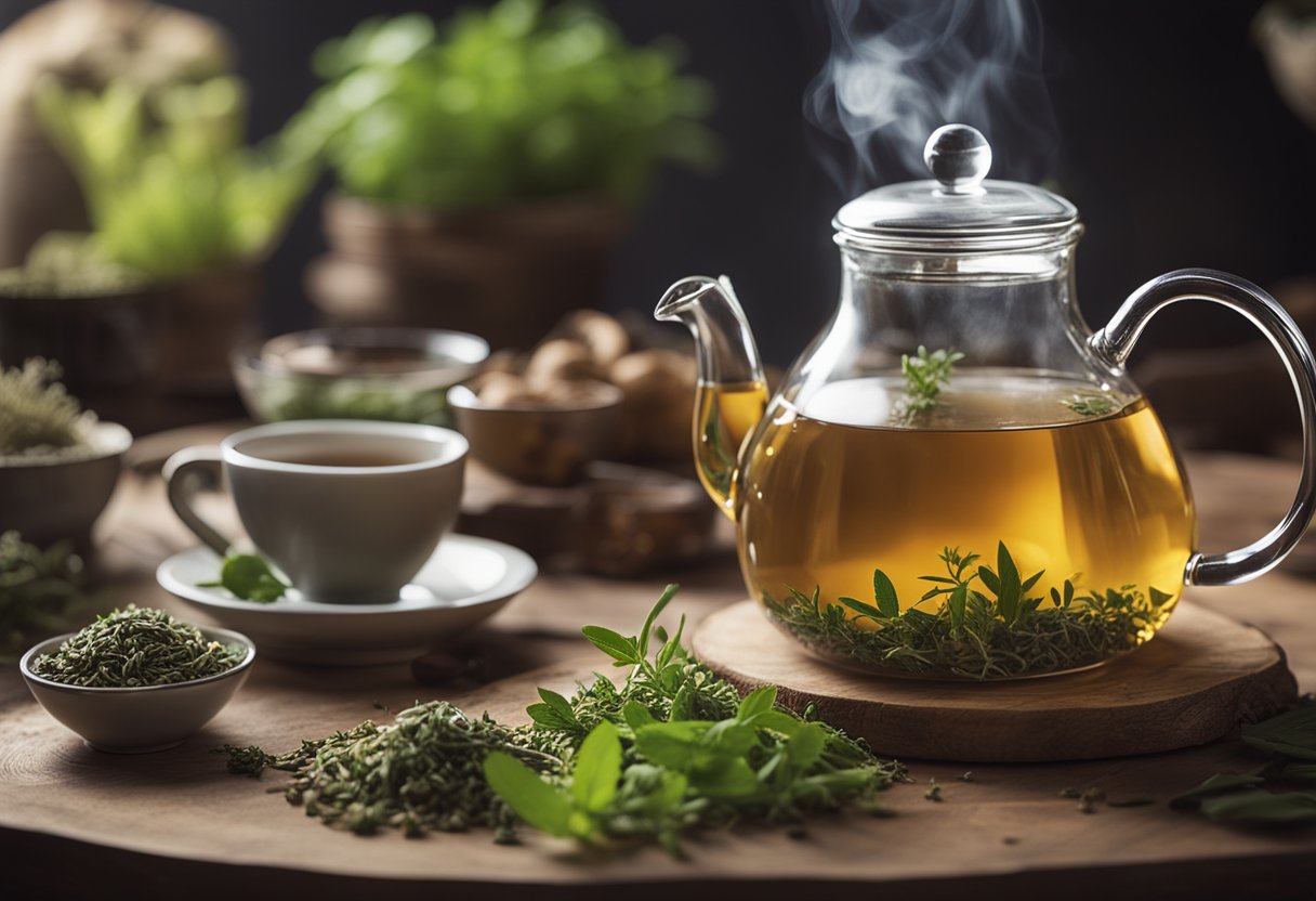 A glass teapot steams on a wooden table, surrounded by various herbs and ingredients. A label reads "Detox Cleanse Tea" in elegant script