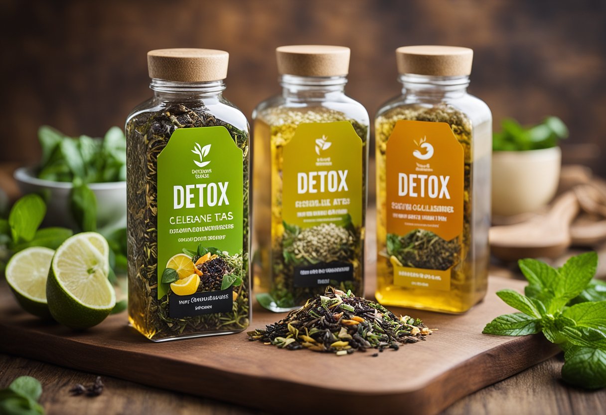 A variety of detox cleanse teas displayed on a wooden table with colorful packaging and natural ingredients such as herbs and fruits