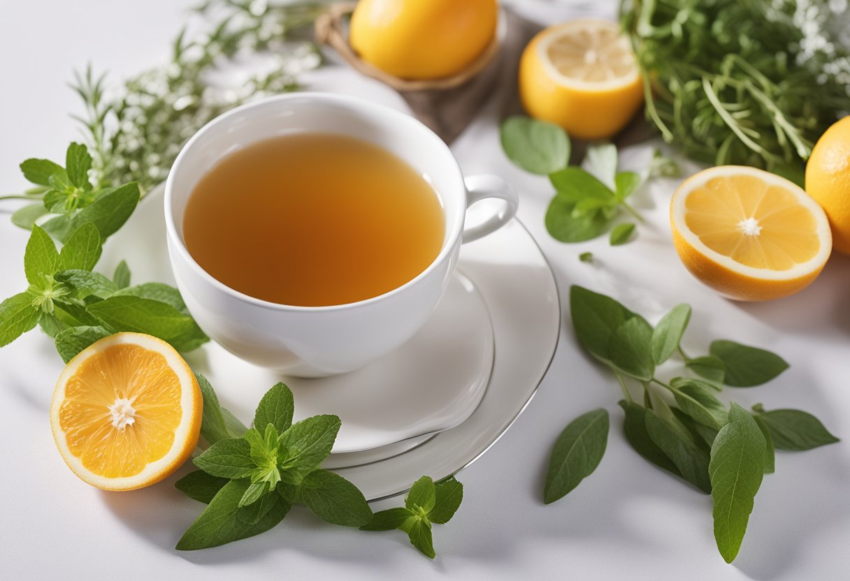 A steaming cup of detox tea surrounded by fresh herbs and fruits on a clean, white table