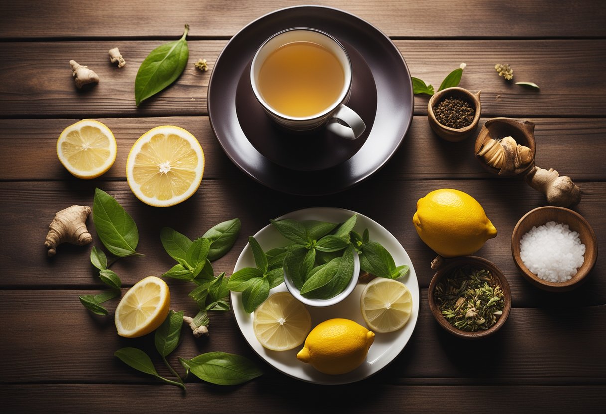 A steaming cup of Clean Detox Tea sits on a rustic wooden table, surrounded by fresh ingredients like lemons, ginger, and herbs. Sunlight streams through a nearby window, casting a warm glow over the scene