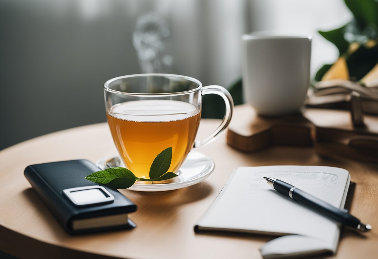 A table with a cup of detox tea, a timer, and a journal for tracking progress