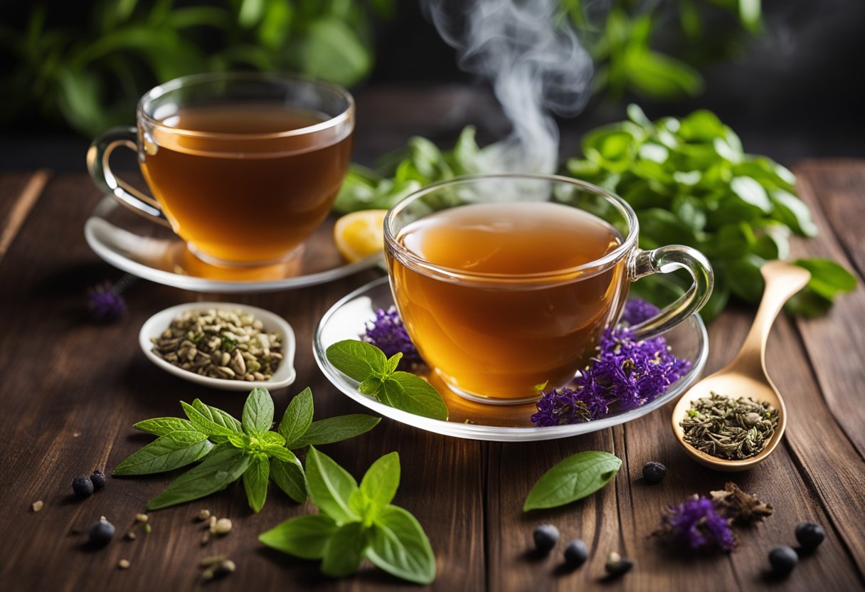 A steaming cup of detox tea surrounded by fresh, vibrant herbs and ingredients, emitting a sense of health and wellness