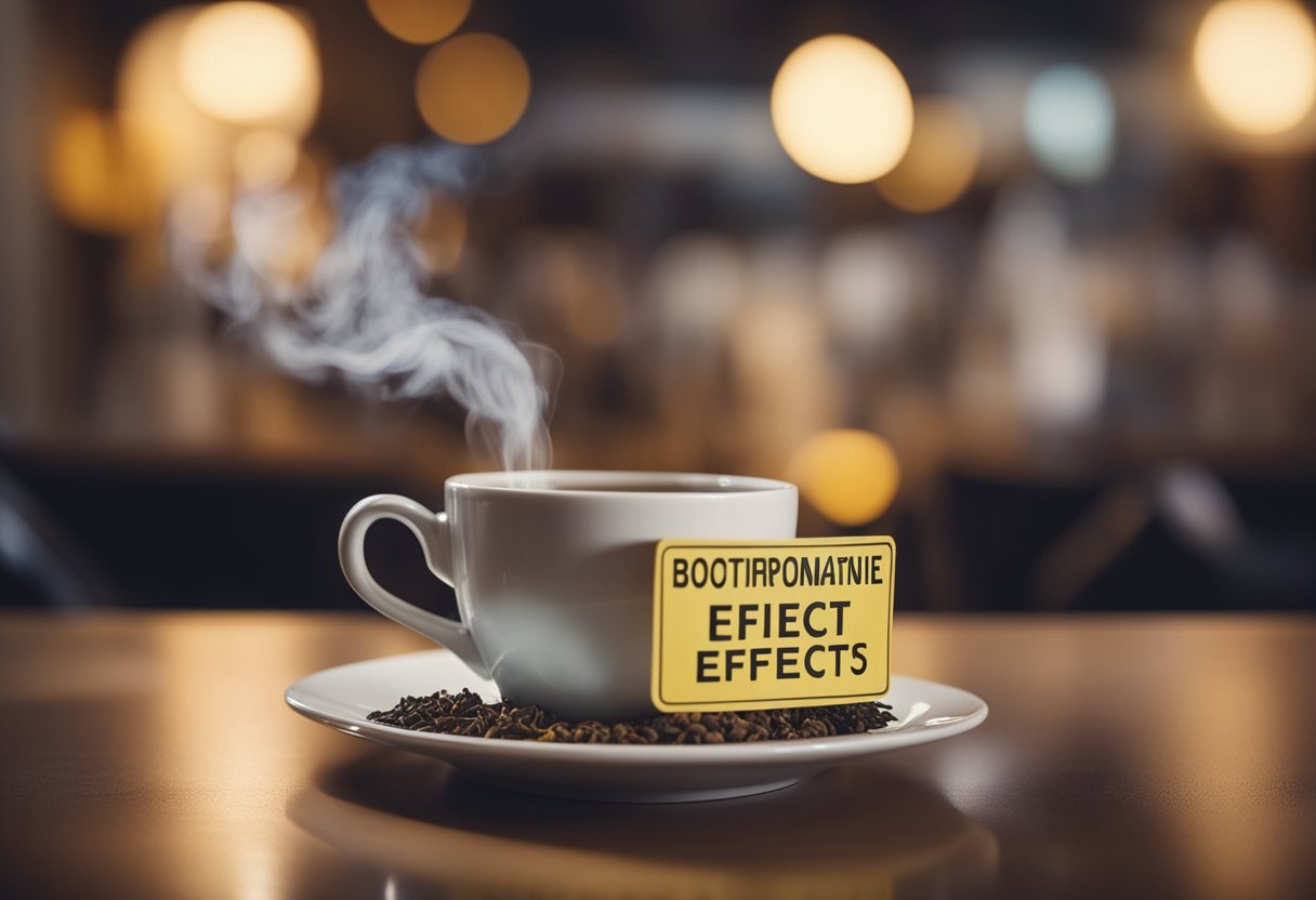 A steaming cup of slim tea surrounded by caution signs and a list of potential side effects