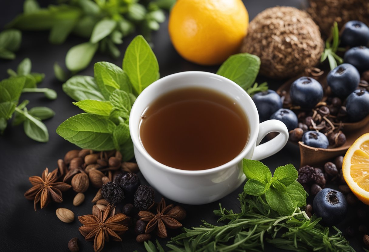 A steaming cup of weight loss and detox tea surrounded by fresh herbs and fruits