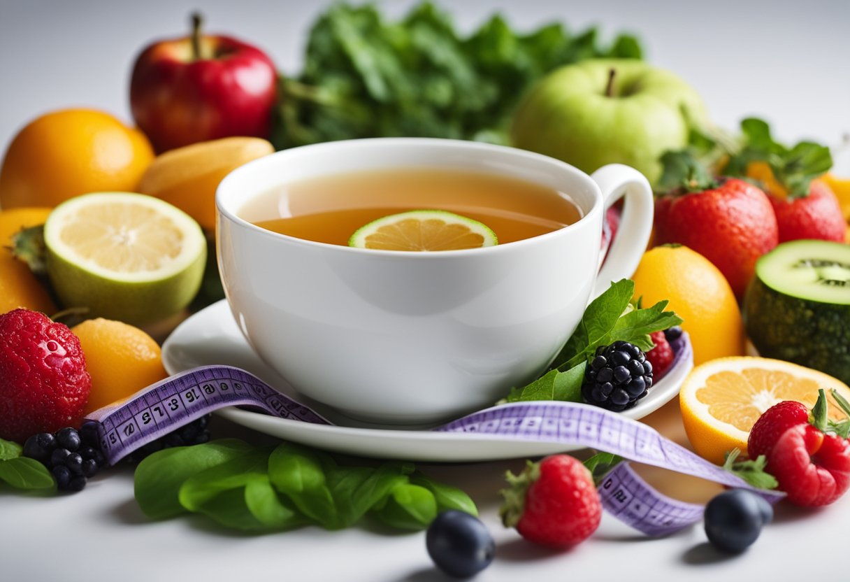 A steaming cup of detox tea surrounded by fresh, vibrant fruits and vegetables, with a tape measure and scale in the background