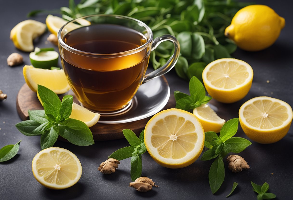 A steaming cup of weight loss and detox tea surrounded by fresh, vibrant ingredients like lemons, ginger, and herbs