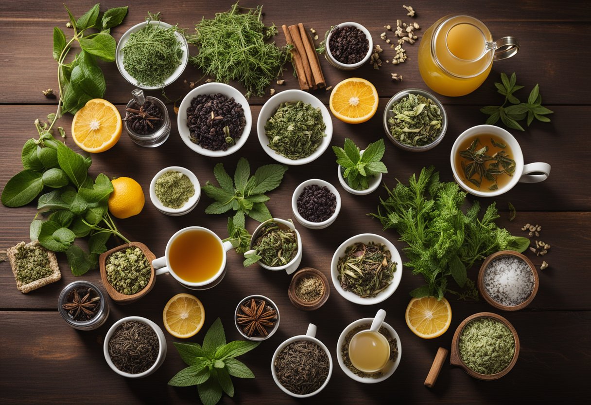 A variety of loose leaf teas and herbal infusions are laid out on a wooden table, surrounded by fresh herbs and fruits, with steam rising from a cup