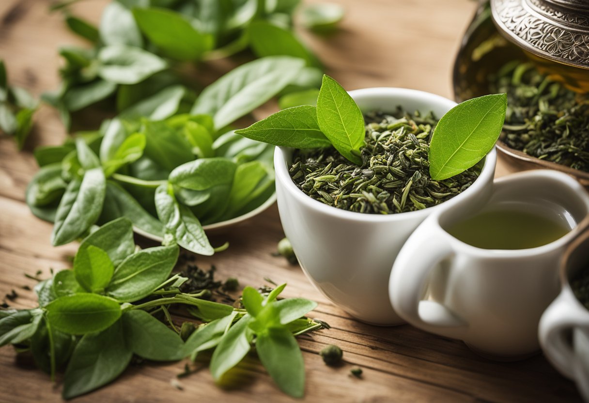 A steaming cup of detoxifying tea surrounded by vibrant green tea leaves and fresh herbs