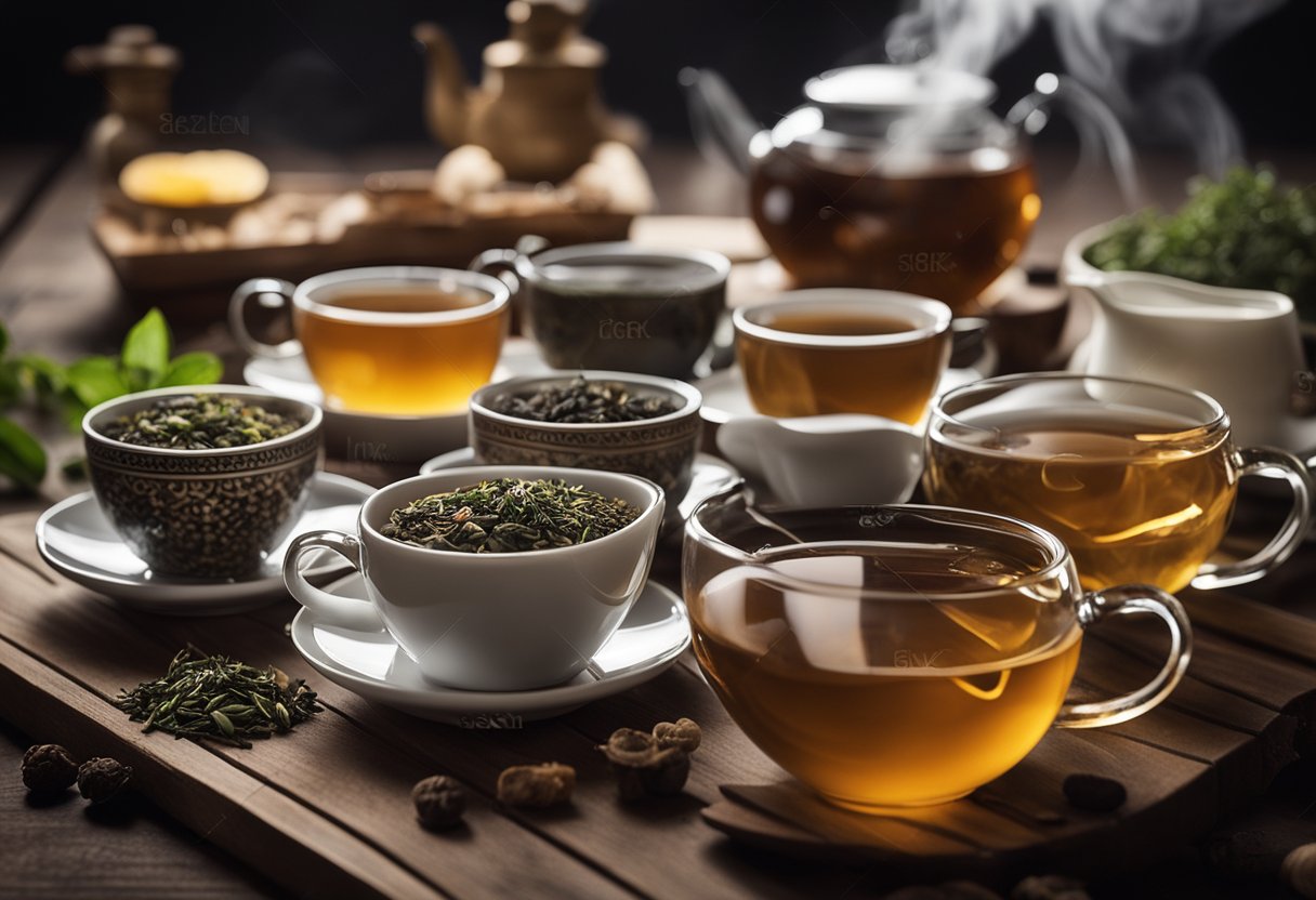 A variety of detoxifying teas arranged on a wooden table with steam rising from the cups