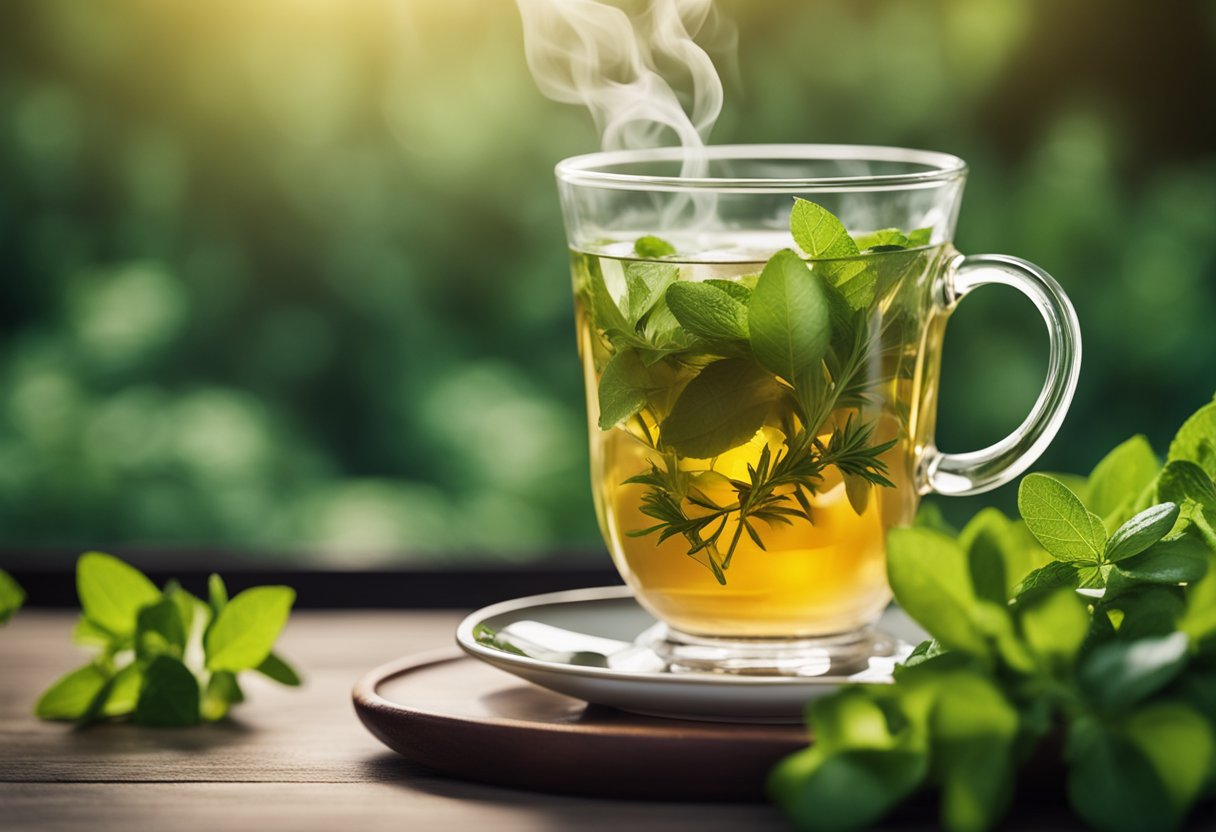 A steaming cup of detoxifying tea surrounded by fresh herbs and fruits, with a serene and peaceful background