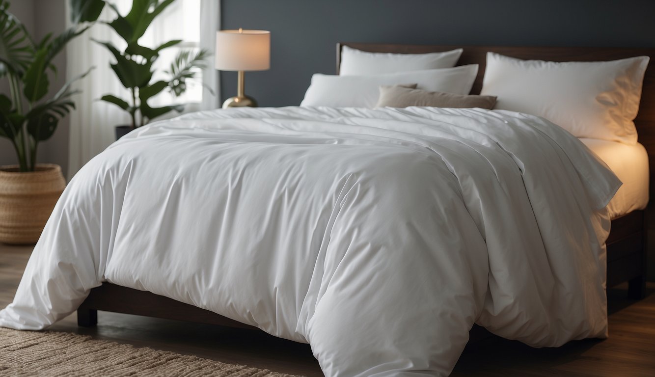 Crisp white bed sheets draped over a plush mattress with a neatly tucked corner, creating a serene and inviting atmosphere