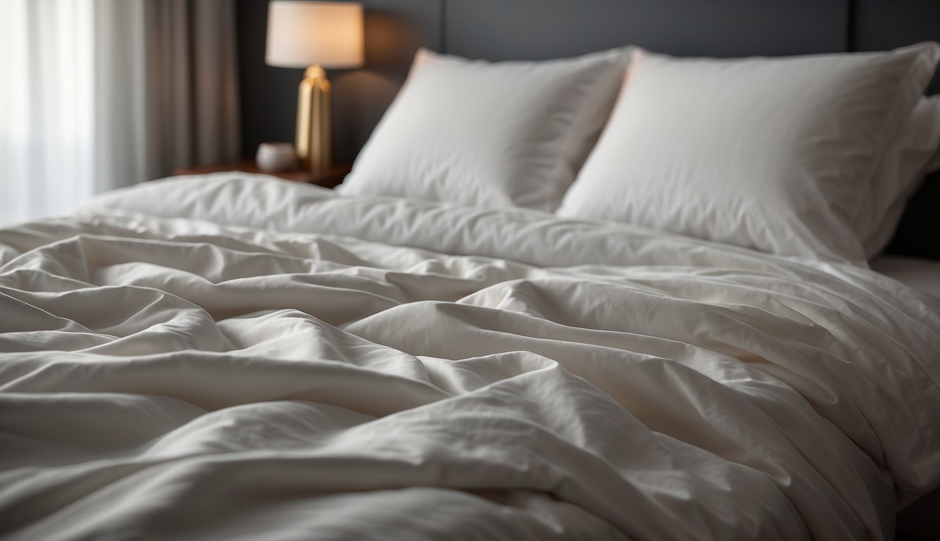 A luxurious bed with high-quality sheets, smooth and wrinkle-free, draped over the mattress with a soft, inviting texture