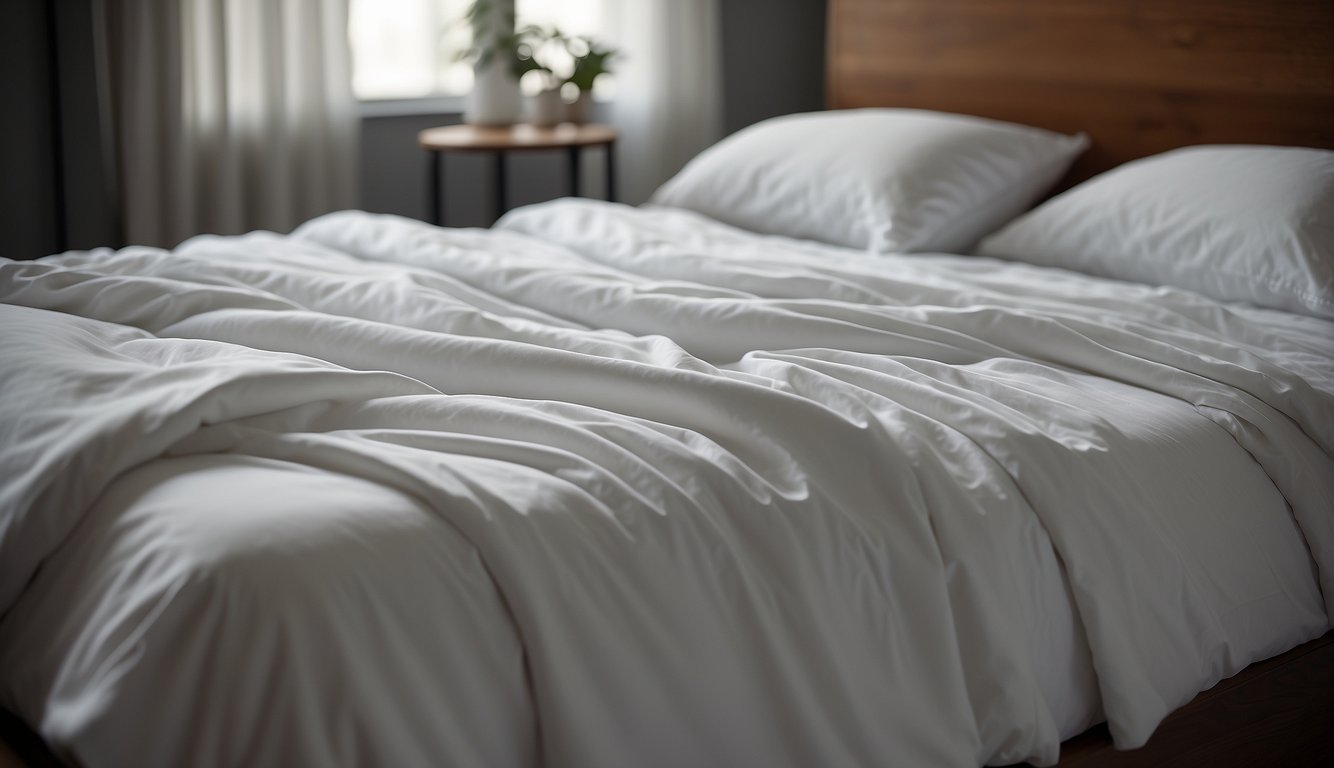 A neatly made bed with crisp, white linen sheets draping elegantly over the mattress, creating a sense of luxury and durability