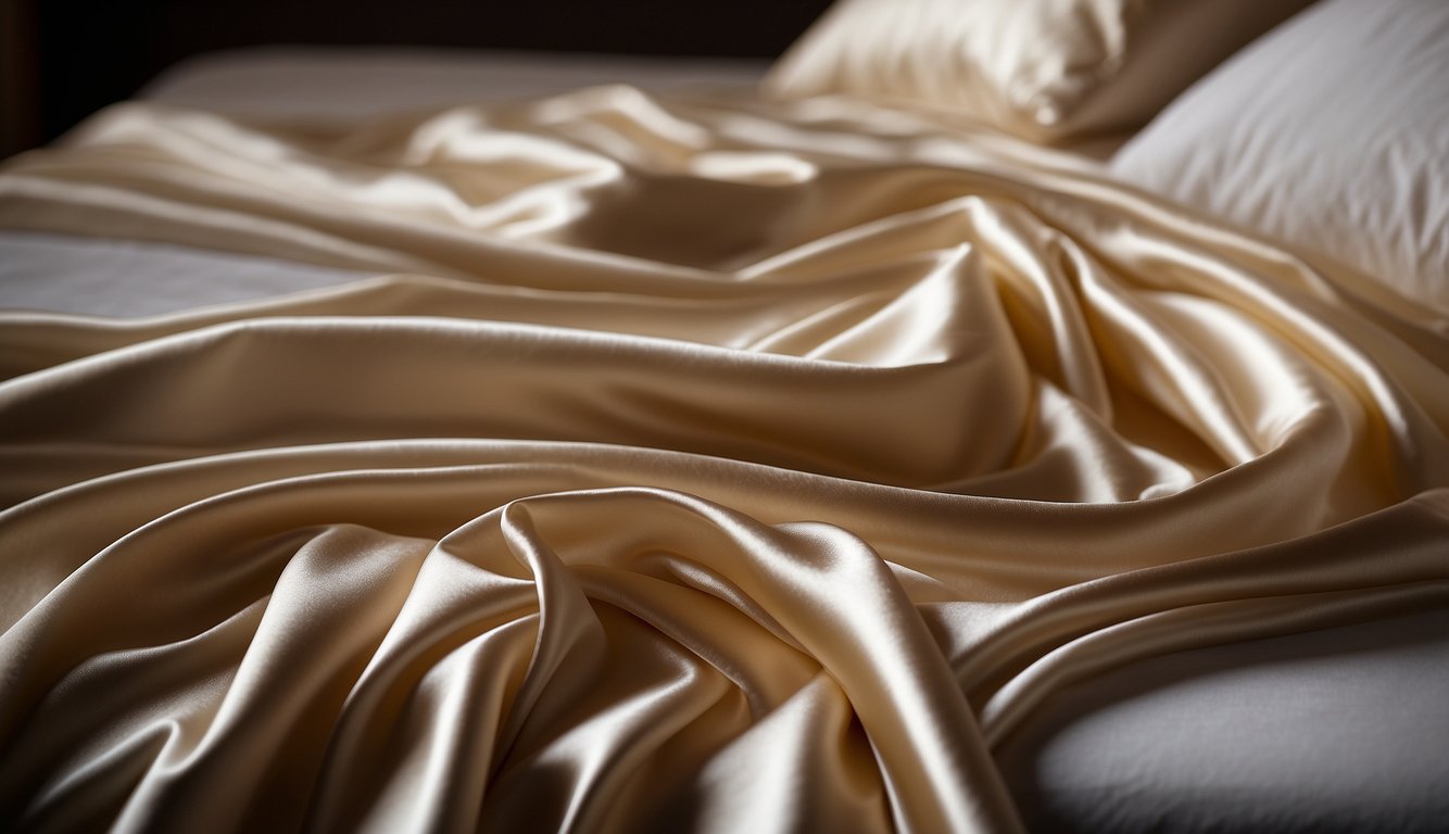 Luxe silk sheets draped over a bed, with a soft glow highlighting the smooth, glossy texture