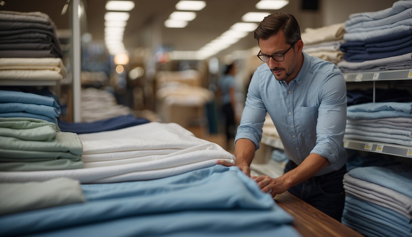 A person carefully comparing different types of bed sheets in a store, feeling the fabric and examining the quality of the stitching