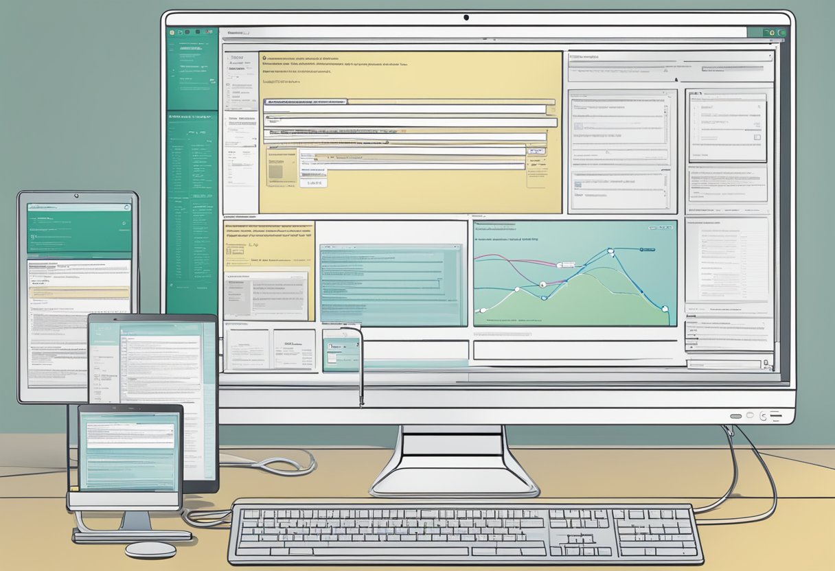 A computer screen displaying a website with a data extraction tool open, connected to a network and running automated scripts