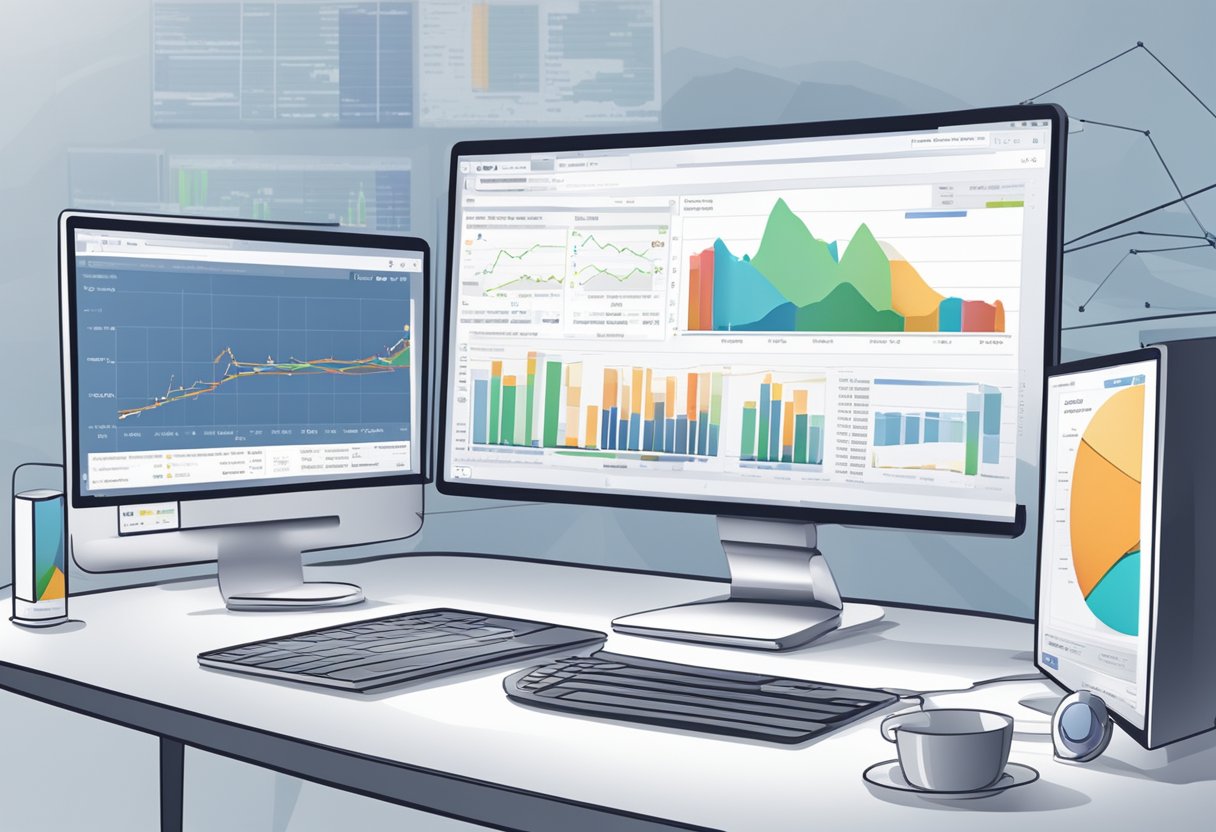 A computer screen displaying a data analysis dashboard with graphs and charts, while a software program runs in the background scraping Facebook emails