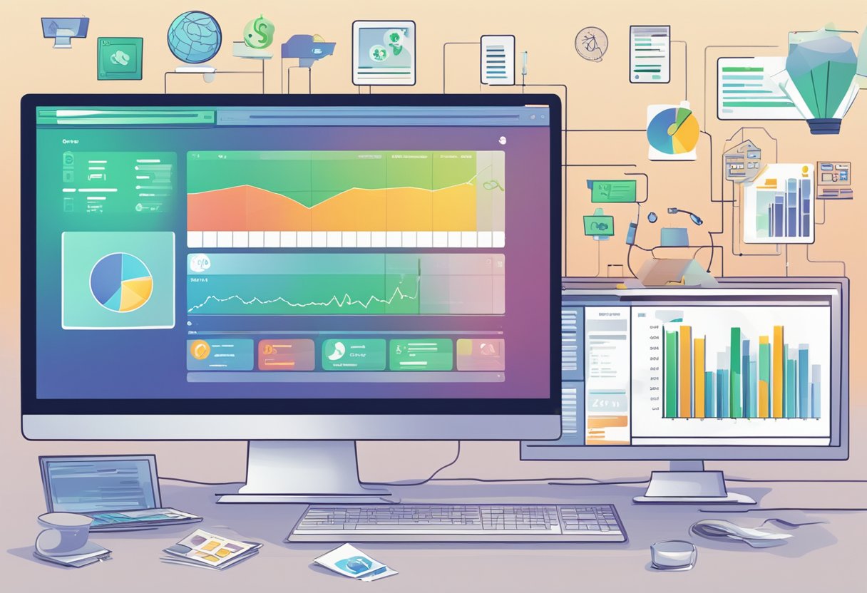 A computer screen displaying data being extracted from various websites, with dollar signs and charts representing potential earnings