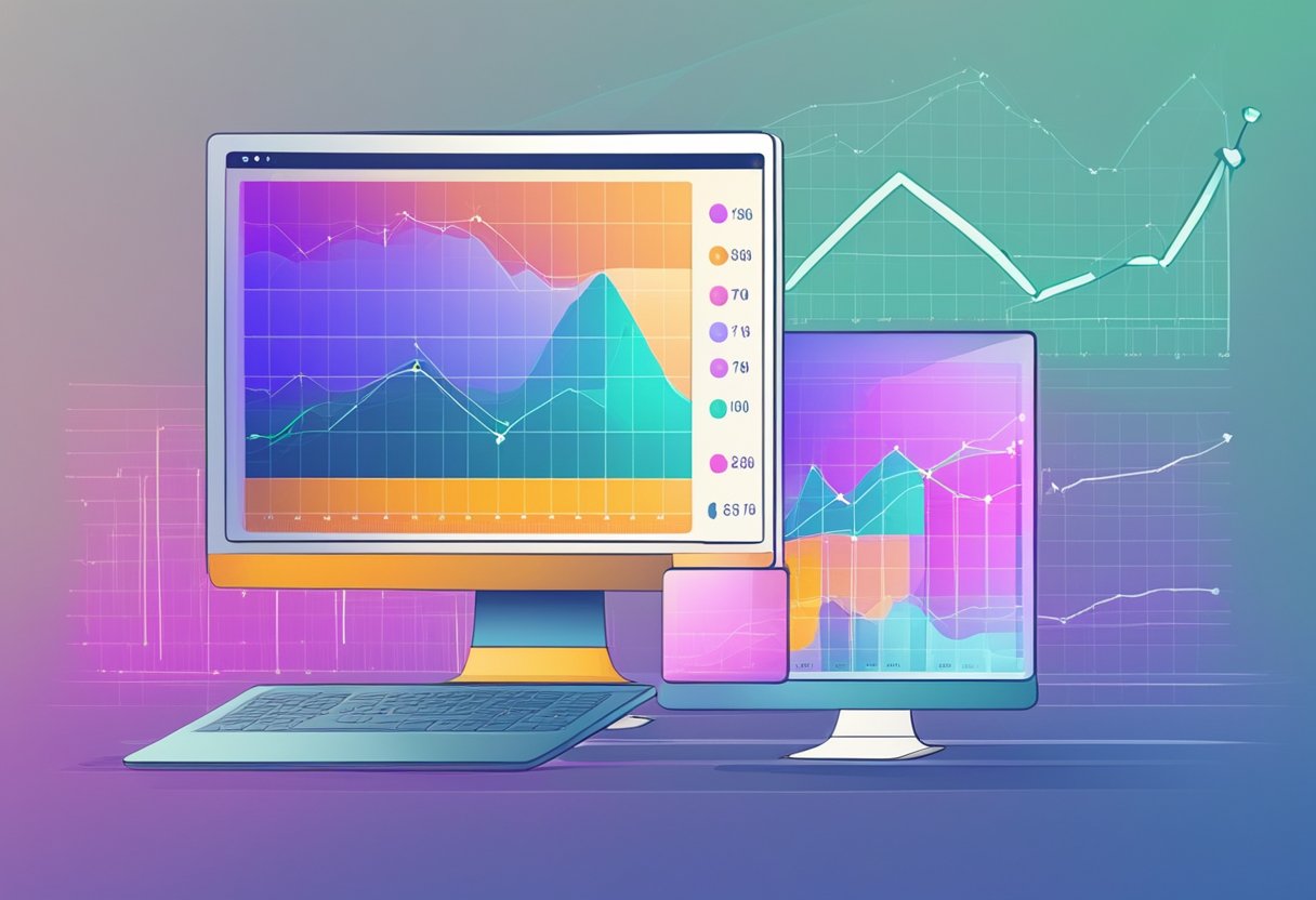 A computer screen with data being scraped and transformed into monetized information. Graphs and charts show earnings increasing over time