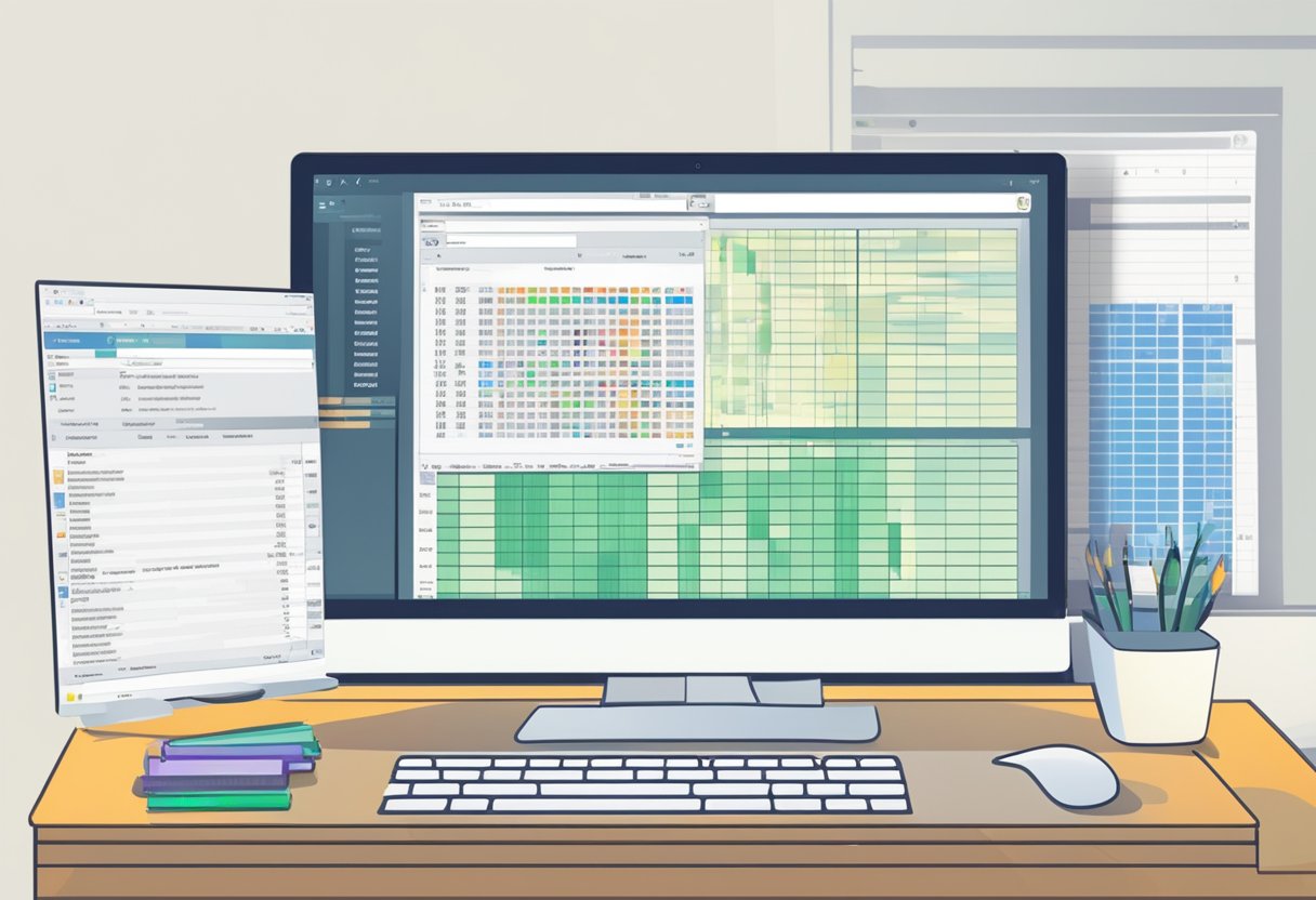 A computer screen displaying a web page with a cursor selecting and copying data. An open software window shows data being pasted and organized into a spreadsheet