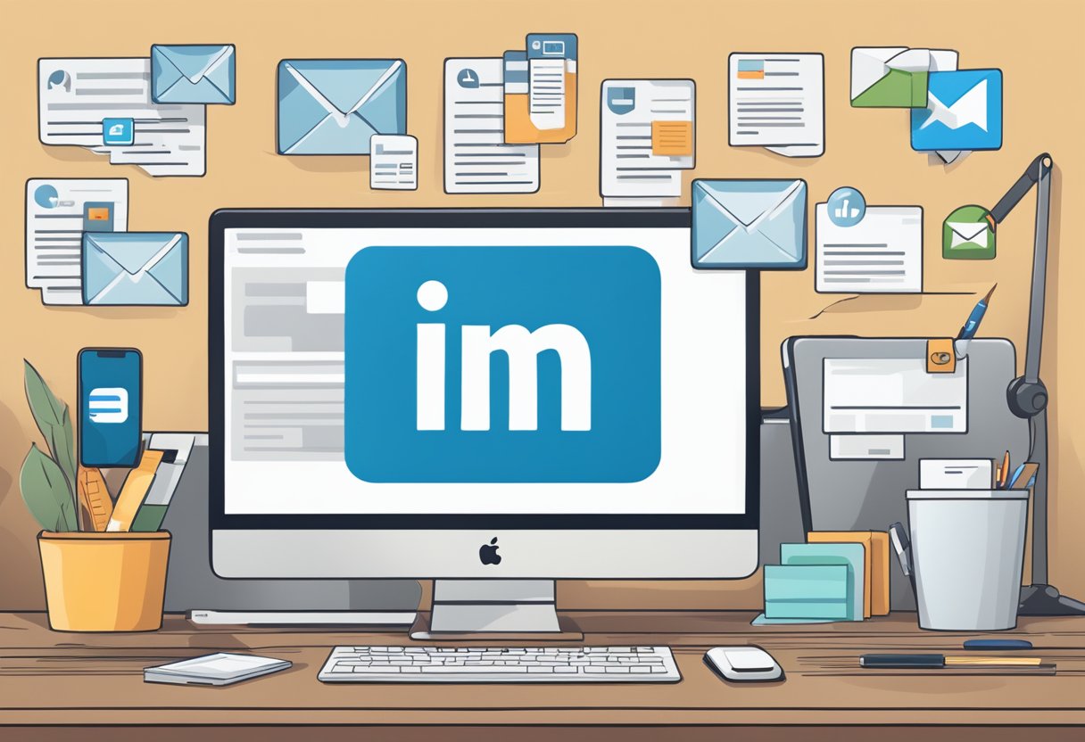 An open laptop displaying various email finder tools on a desk, with a LinkedIn logo prominently featured on the screen