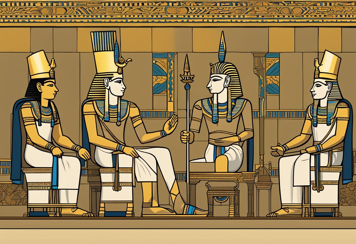 Ramses II confidently negotiates with foreign envoys, displaying wisdom and tact. His regal presence commands respect, while his strategic mind guides the conversation towards a beneficial outcome