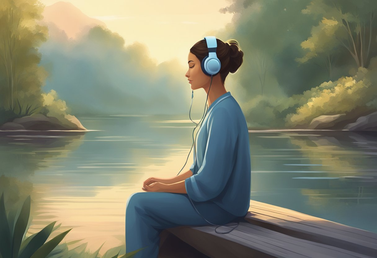 A serene figure listens to calming music, surrounded by a tranquil atmosphere