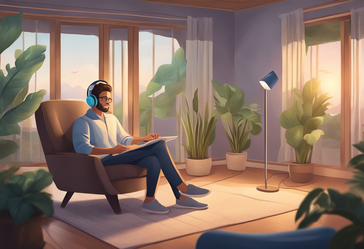 A serene setting with soft lighting, a comfortable chair, and a person wearing headphones listening to calming, royalty-free music for a hypnosis session