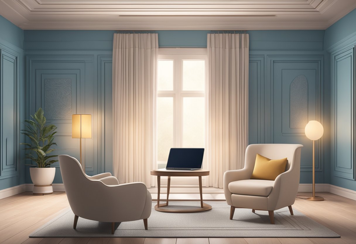 A serene room with soft lighting, a comfortable chair, and a hypnotic script displayed. A laptop with royalty-free music plays in the background, creating a calming and immersive atmosphere for hypnotherapy