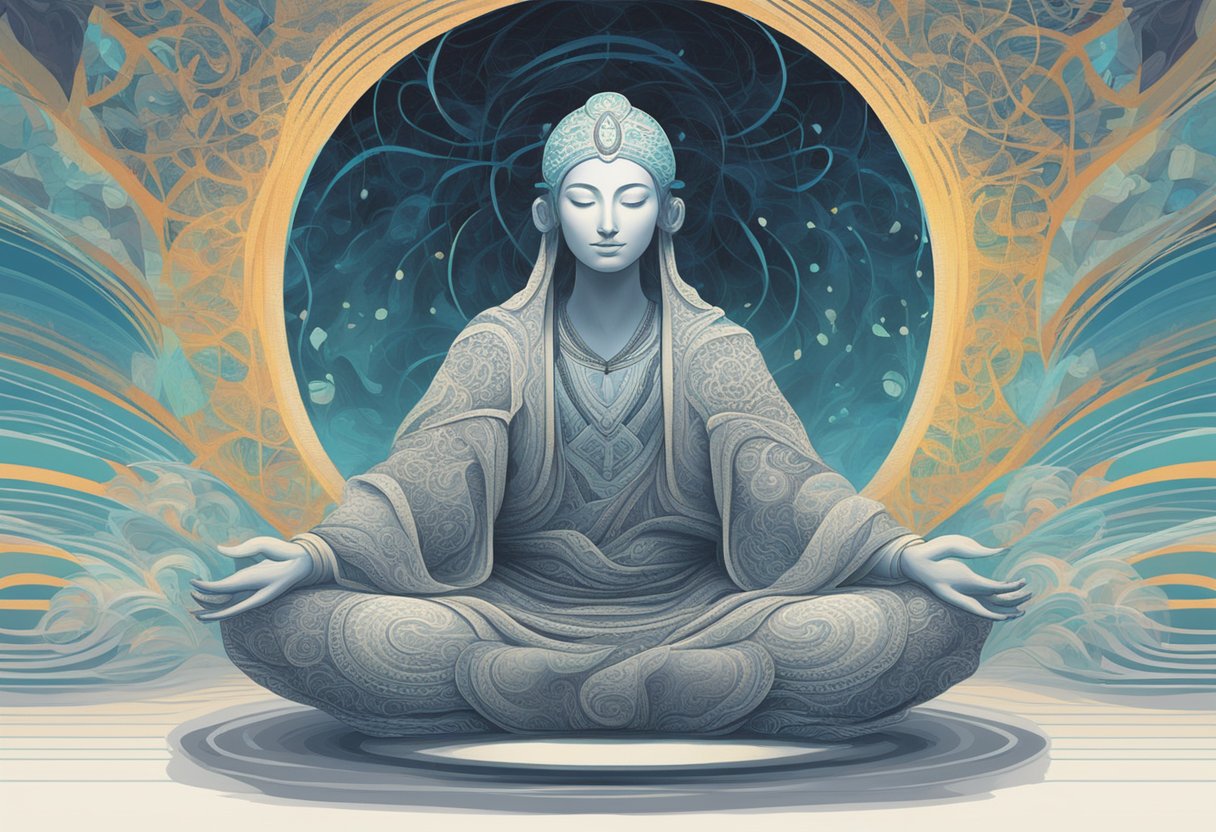 A serene figure sits cross-legged, surrounded by swirling patterns of sound waves, as ethereal music fills the air, inducing a deep meditative and trance-like state